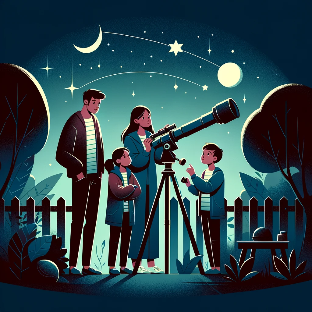 A family lying on blankets in a dark garden pointing at the night sky.