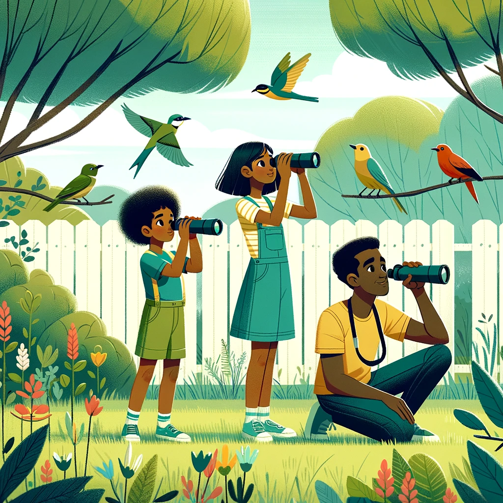 Children kneeling at a window with binoculars and a tally chart, watching garden birds.