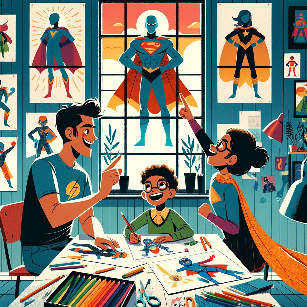 A child drawing a labelled superhero costume design surrounded by comic pages.