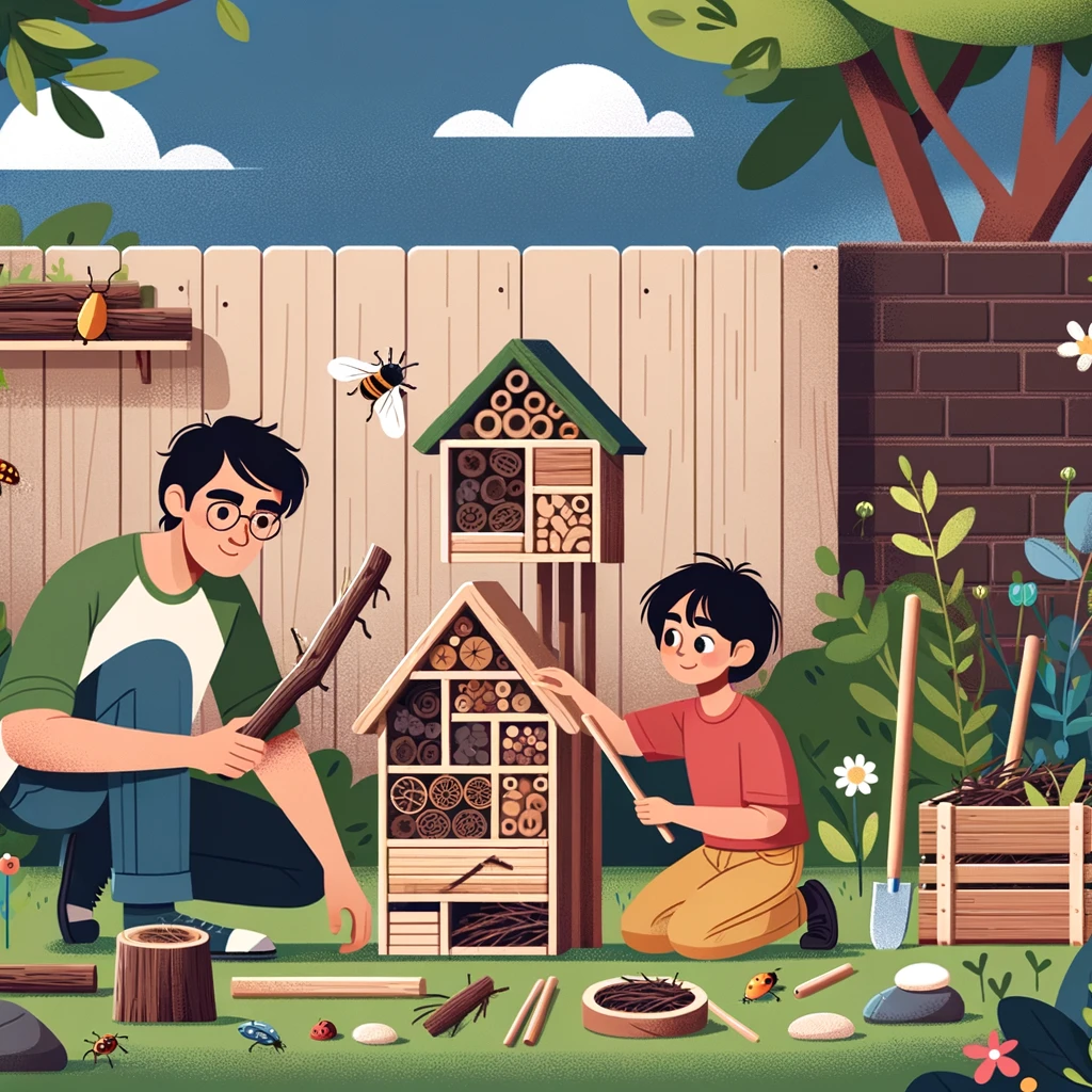 Children packing bamboo tubes and pine cones into a stacked pallet bug hotel.