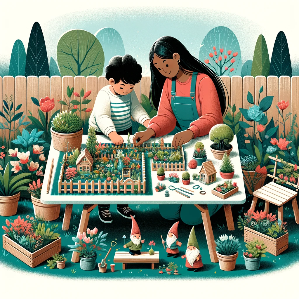 A child arranging pebble paths and tiny twig furniture in a miniature container garden.