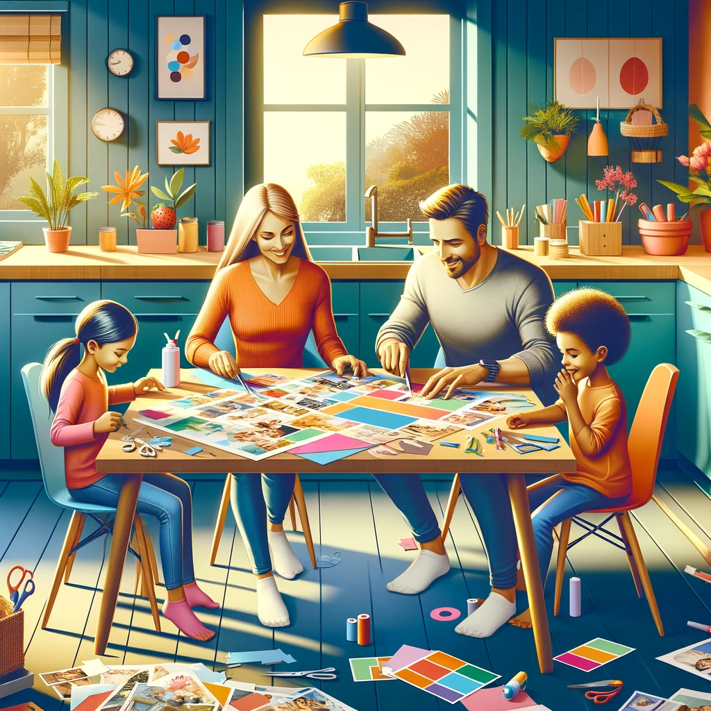 A family cutting pictures from magazines and gluing them onto vision boards.