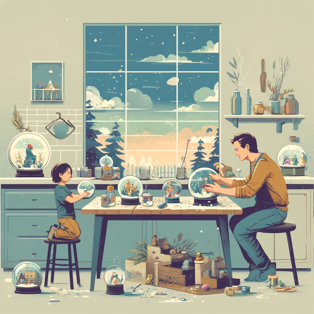 A child flipping a homemade jam jar snow globe as glitter snow falls slowly.