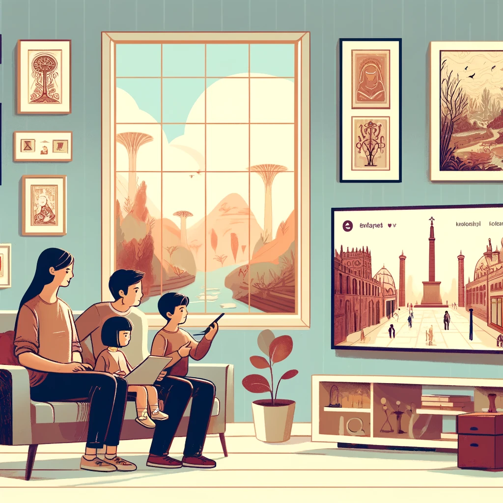 A family on a sofa touring a virtual museum gallery on the living room TV.