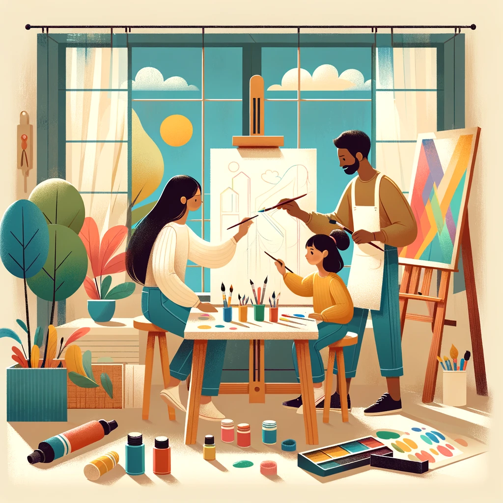 A family painting one large shared artwork on a big sheet of paper on the floor.