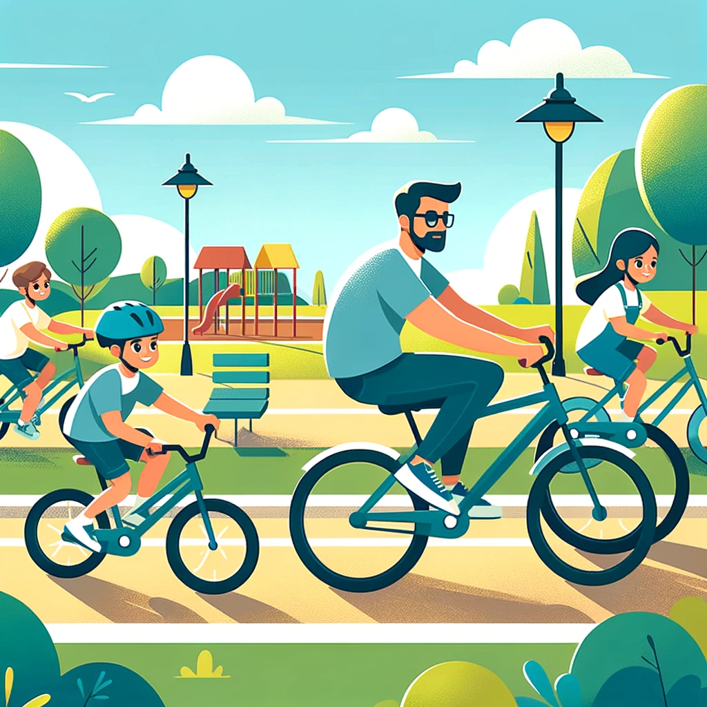 A family cycling single file along a leafy traffic-free path with panniers.