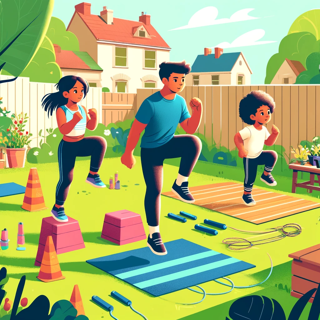 A child with a whistle directing parents through star jumps in a garden bootcamp.