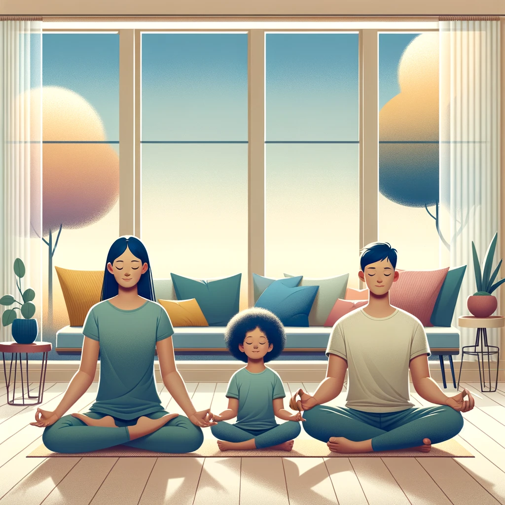 A family lying on cushions with teddies on their tummies, breathing slowly.
