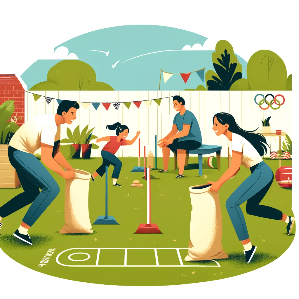 A multi-generational family competing in a garden spoon race with a homemade scoreboard.