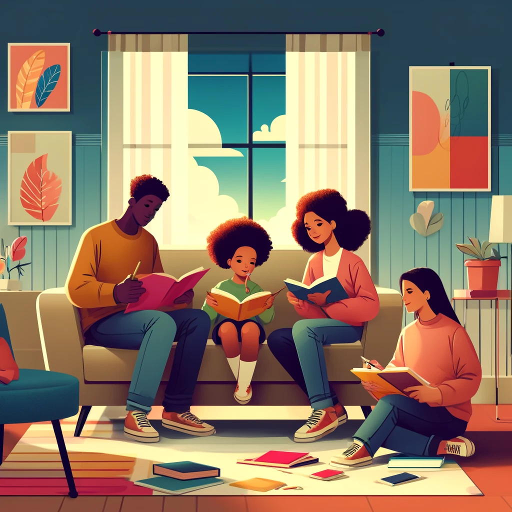 A family reading poems aloud by lamplight, one child mid-performance.