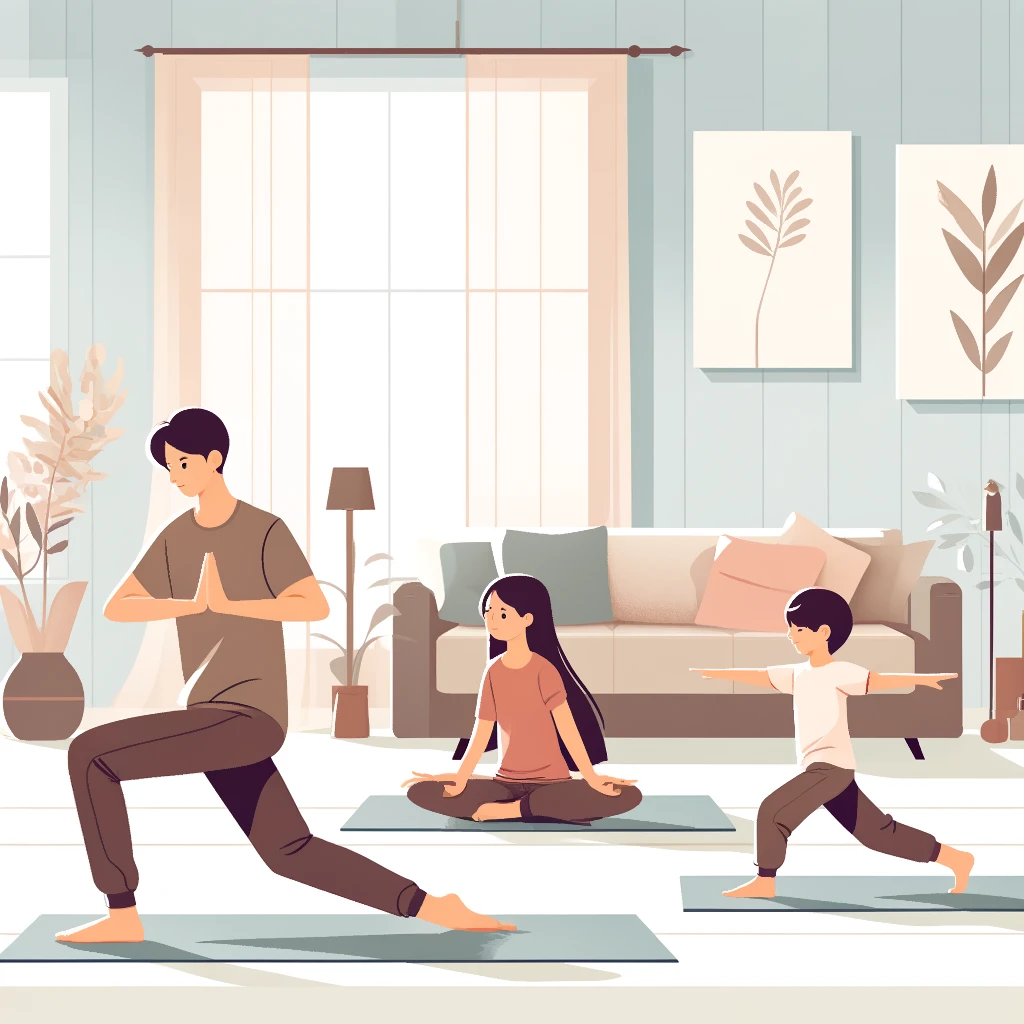 A family holding hands in tree pose together on mats in a living room.