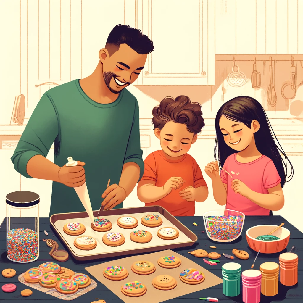 Children piping coloured icing onto homemade biscuits at a decorating table.