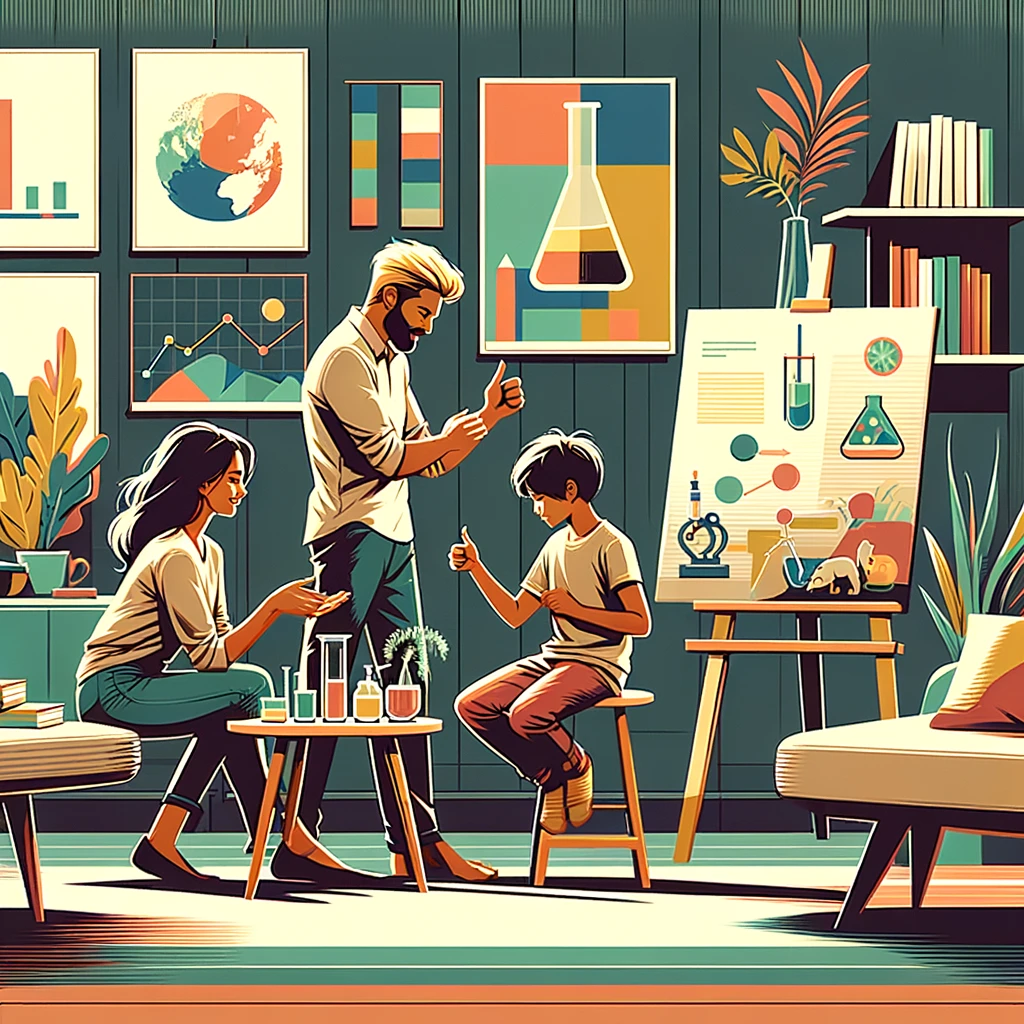 Children presenting handmade science posters and experiments at a kitchen-table science fair.
