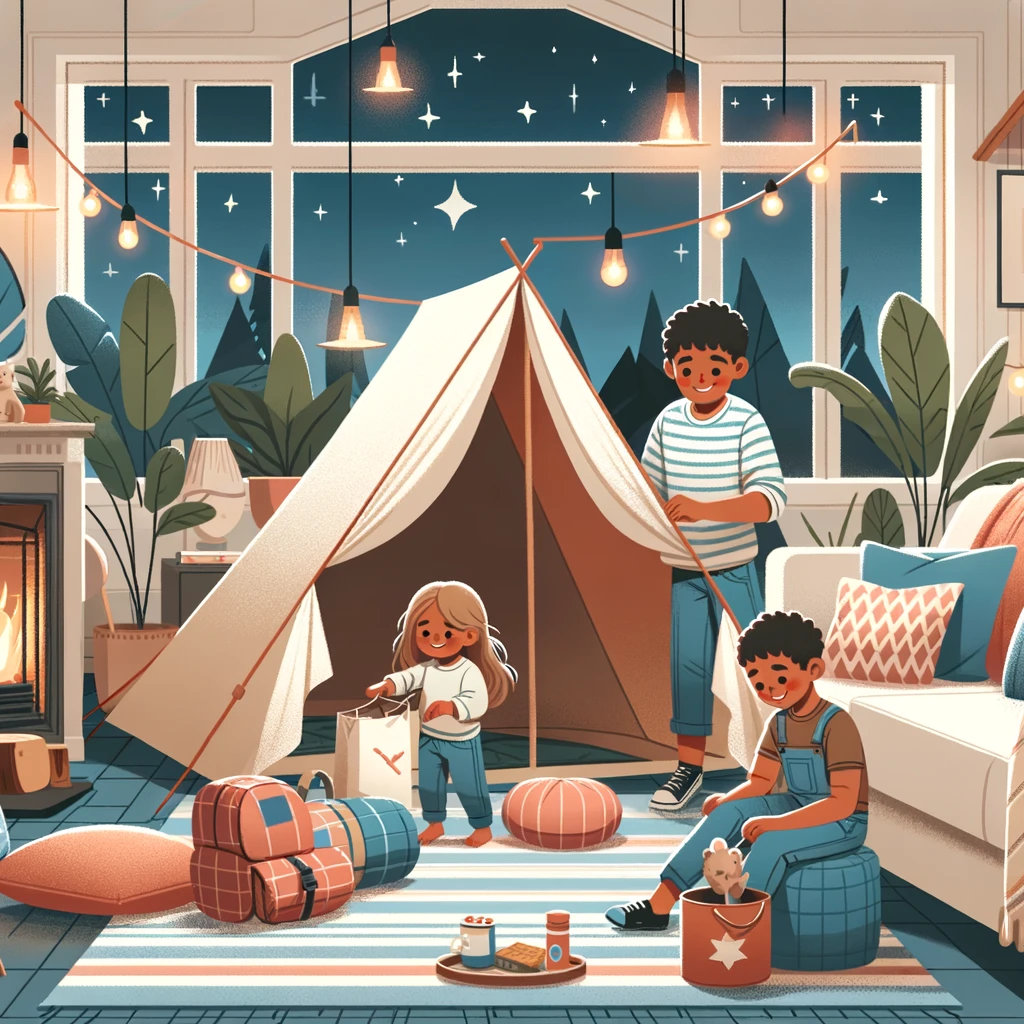 Children in a living-room tent lit by torches with a pretend campfire of fairy lights.