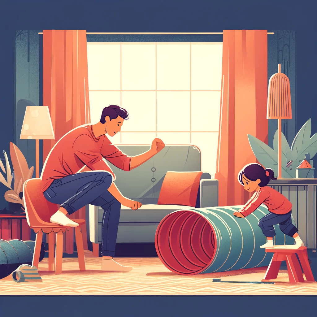 A child mid-crawl under a table on a cushion obstacle course in a living room.
