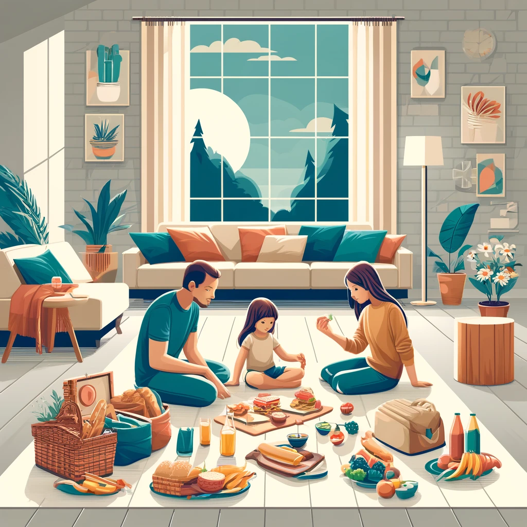 A family having a picnic on a blanket on the living room floor with a basket.