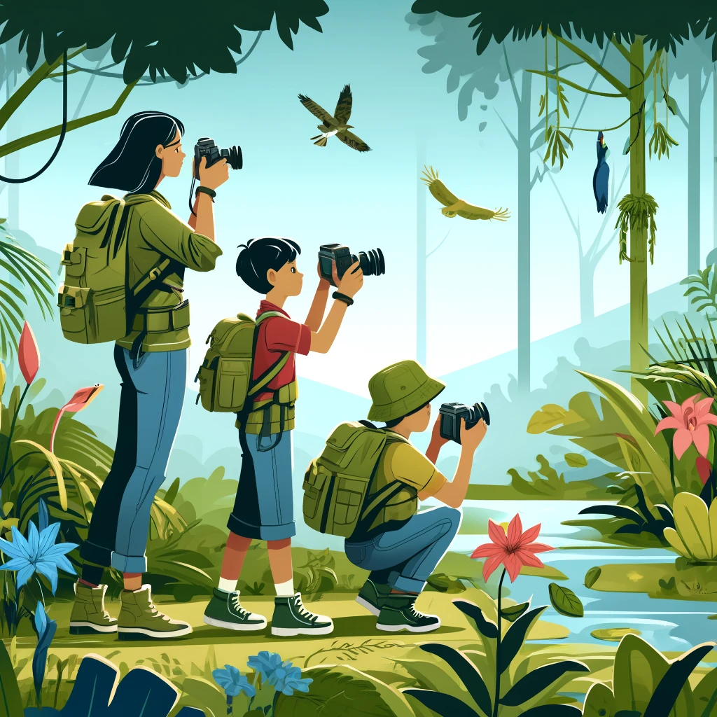 A child crouching on a woodland path photographing something small with a phone.