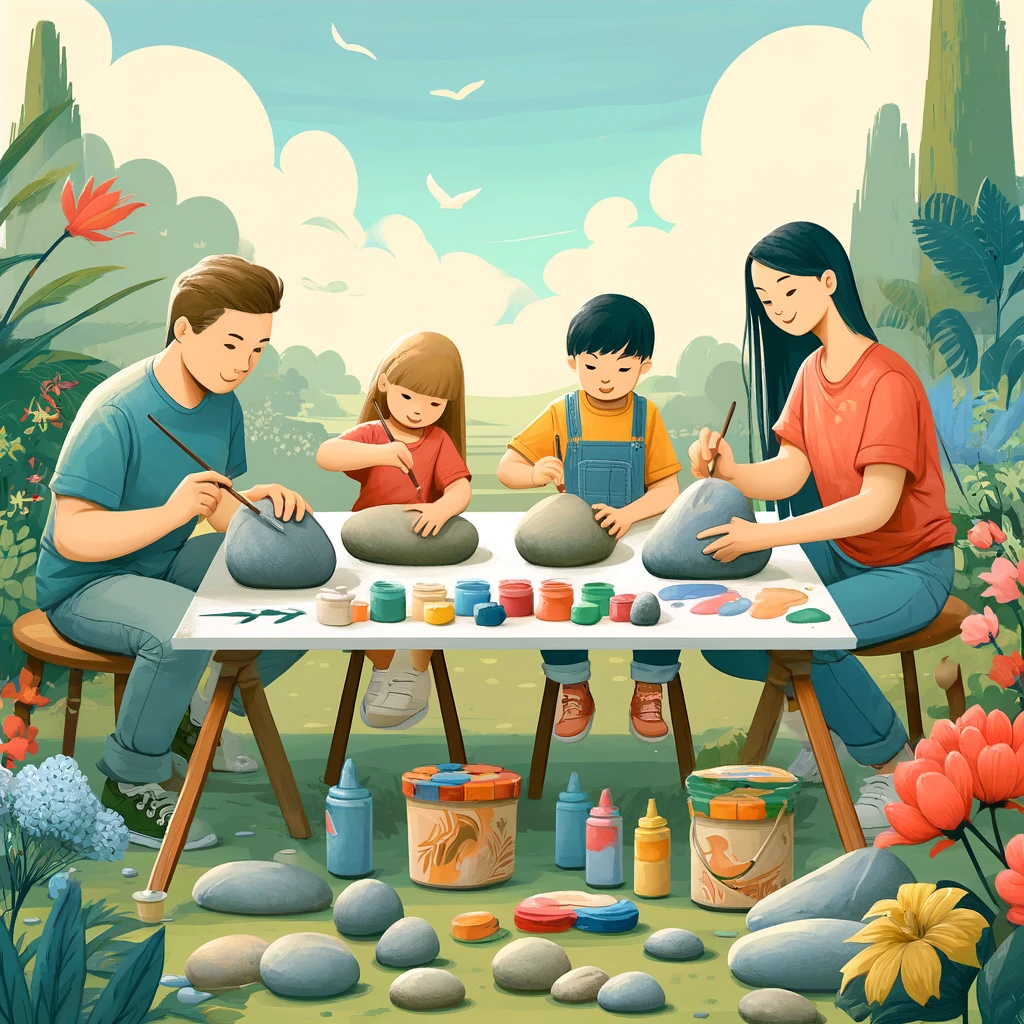 Children painting ladybirds and dot patterns onto smooth stones.