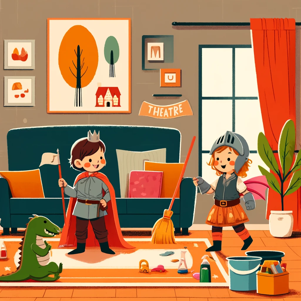 A parent as a story monster chasing a laughing child hero around a sofa stage.