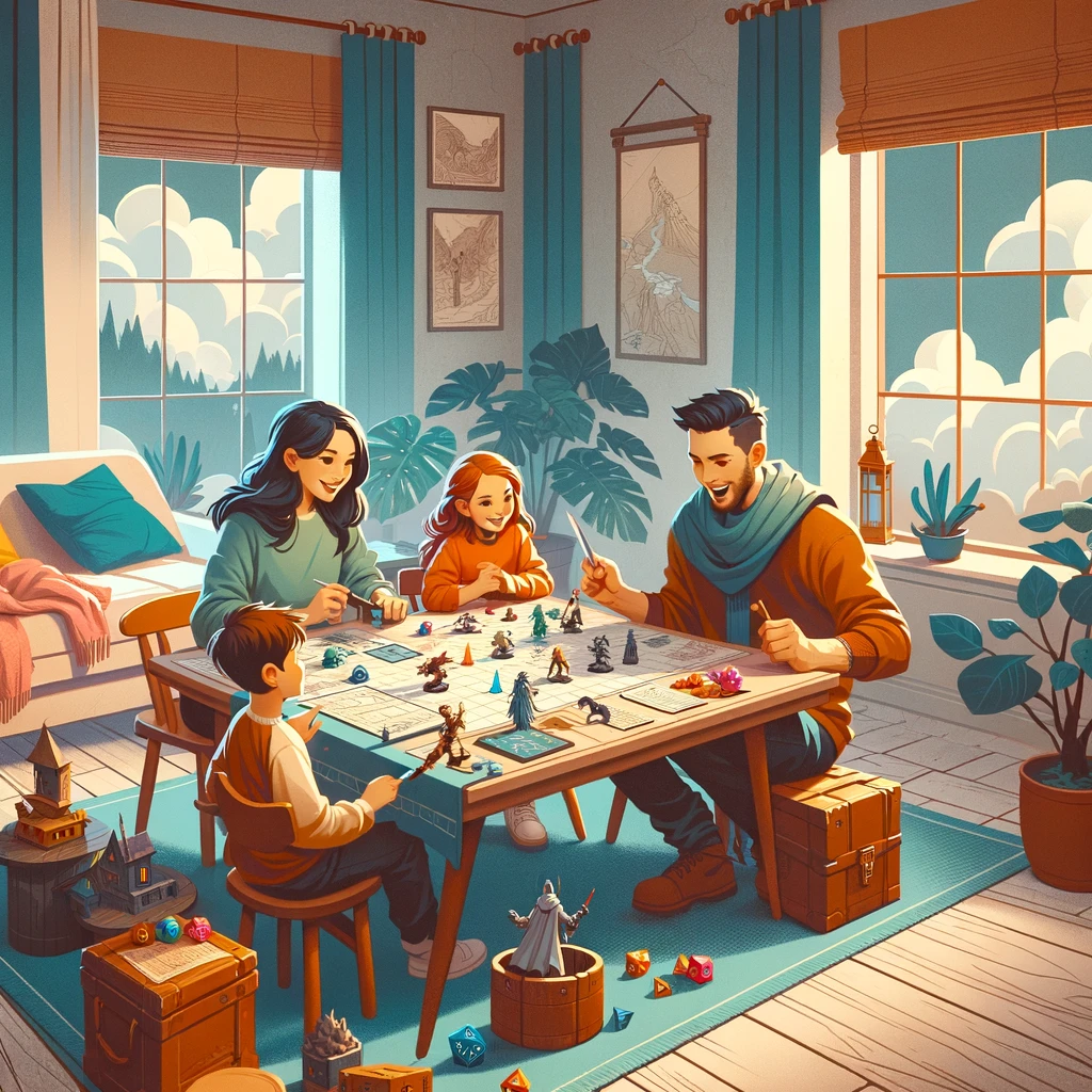 A family around a candle-lit table with hand-drawn character sheets, a map and a dice.