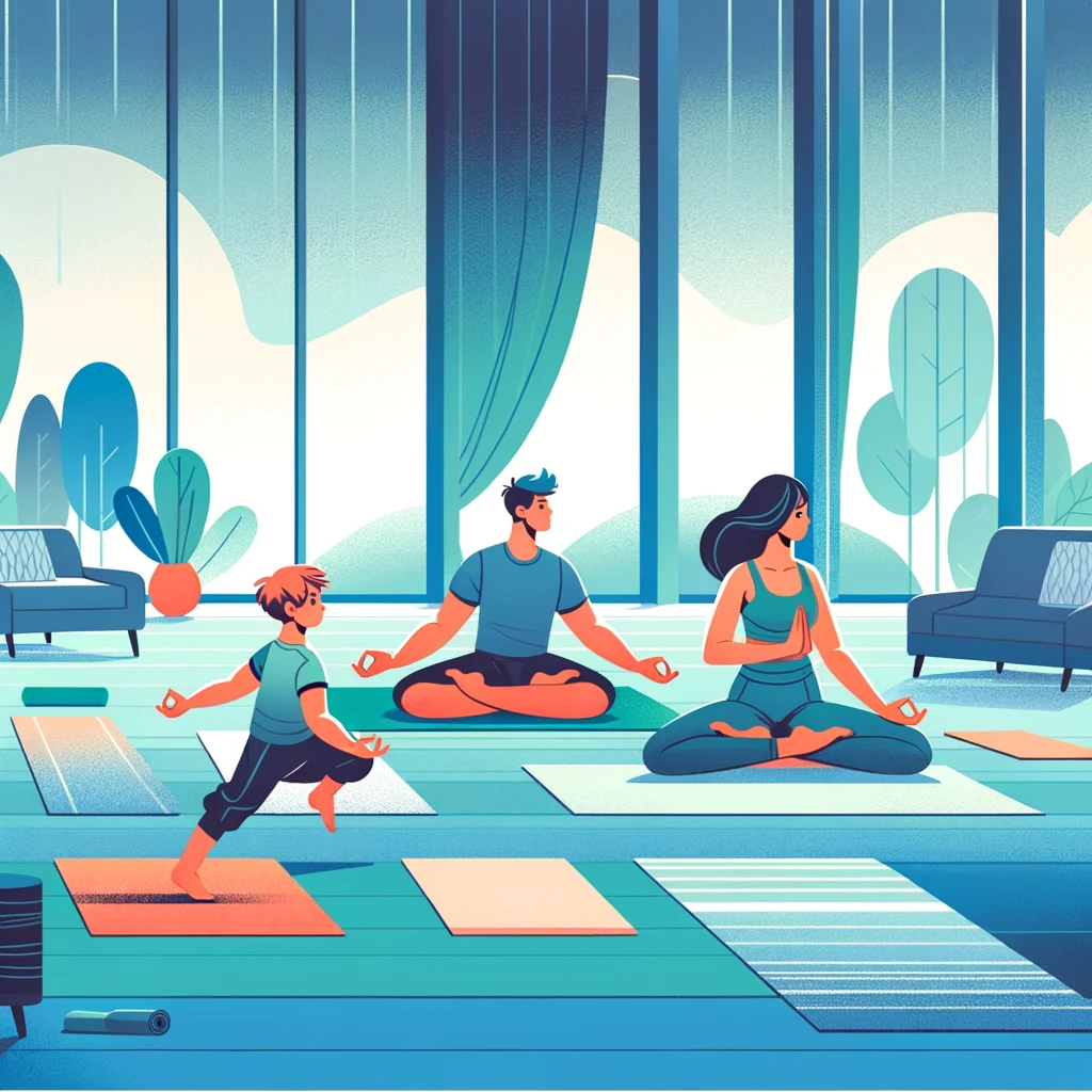 Children doing tree pose on mats in a living room, mid-wobble and laughing.